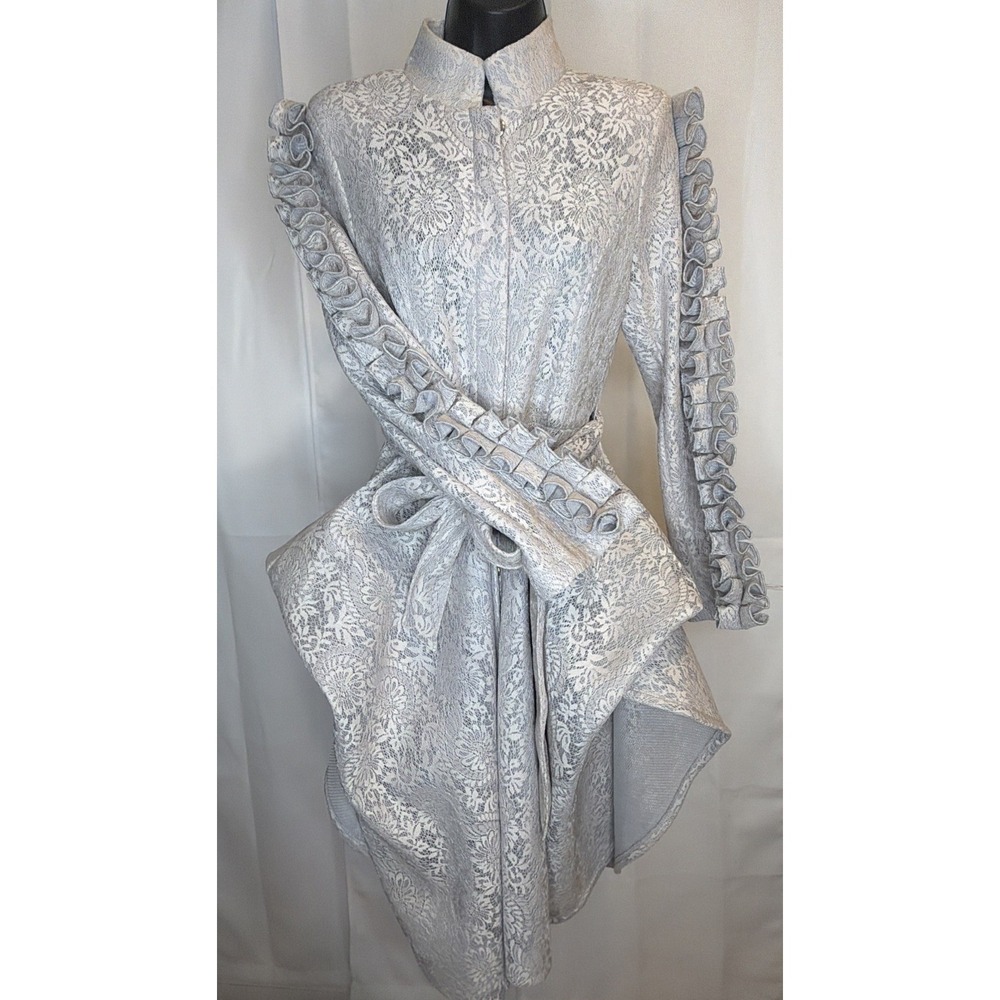 CQ by CQ Women's Small Silver Gray Lace Ruffle Sleeve Belted Coat Dress Jacket